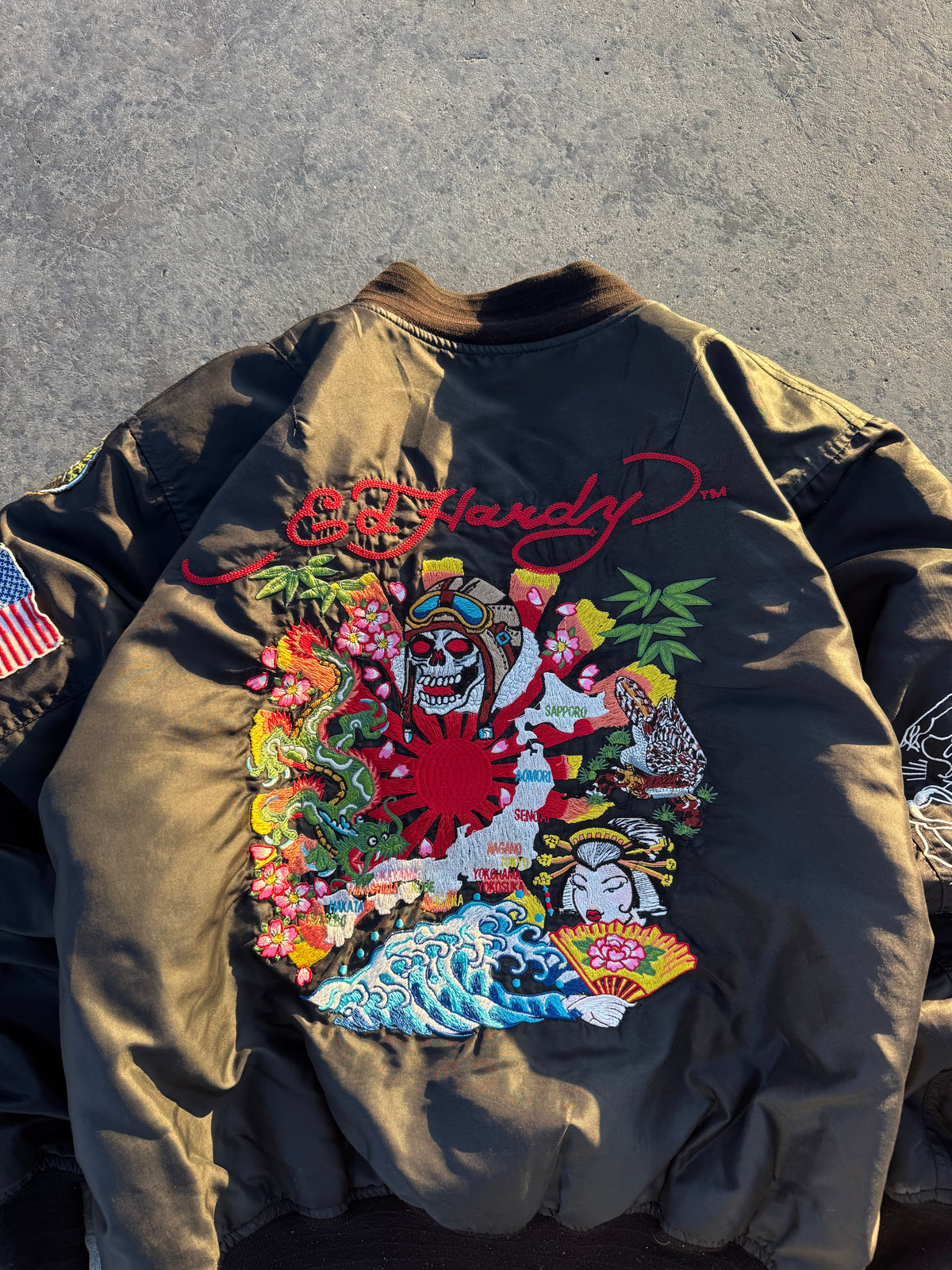 ED HARDY BOMBER JACKET “DEATH BEFORE DISHONOR” REVERSIBLE 🇯🇵&🇺🇸 LEGIT PIECE