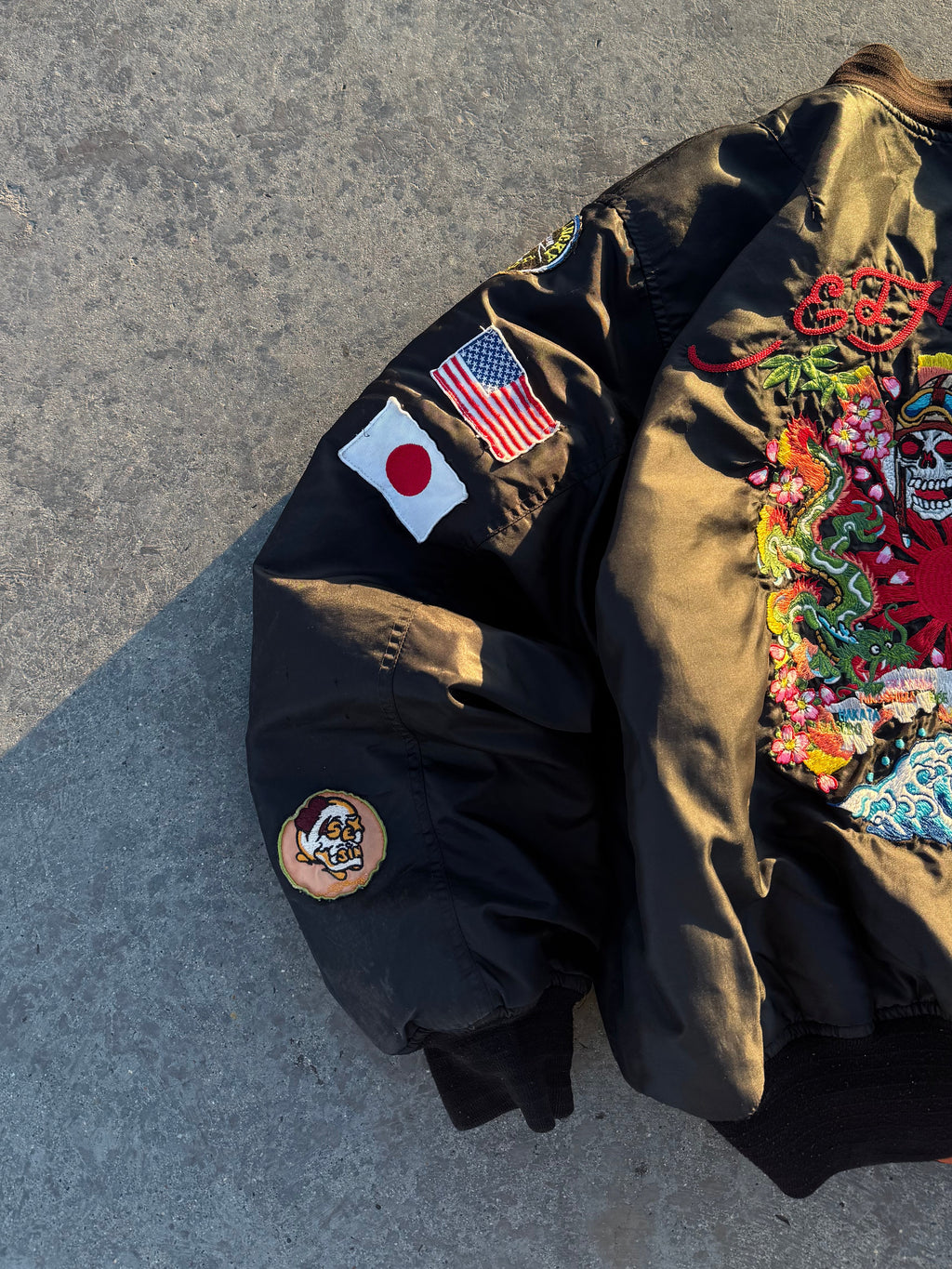 ED HARDY BOMBER JACKET “DEATH BEFORE DISHONOR” REVERSIBLE 🇯🇵&🇺🇸 LEGIT PIECE