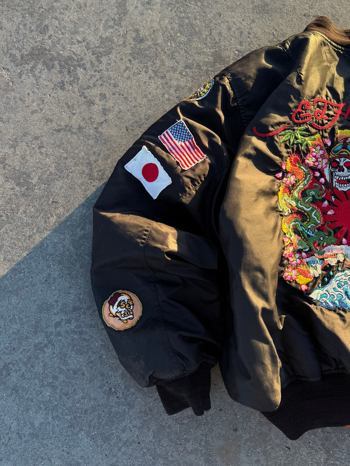 ED HARDY BOMBER JACKET “DEATH BEFORE DISHONOR” REVERSIBLE 🇯🇵&🇺🇸 LEGIT PIECE