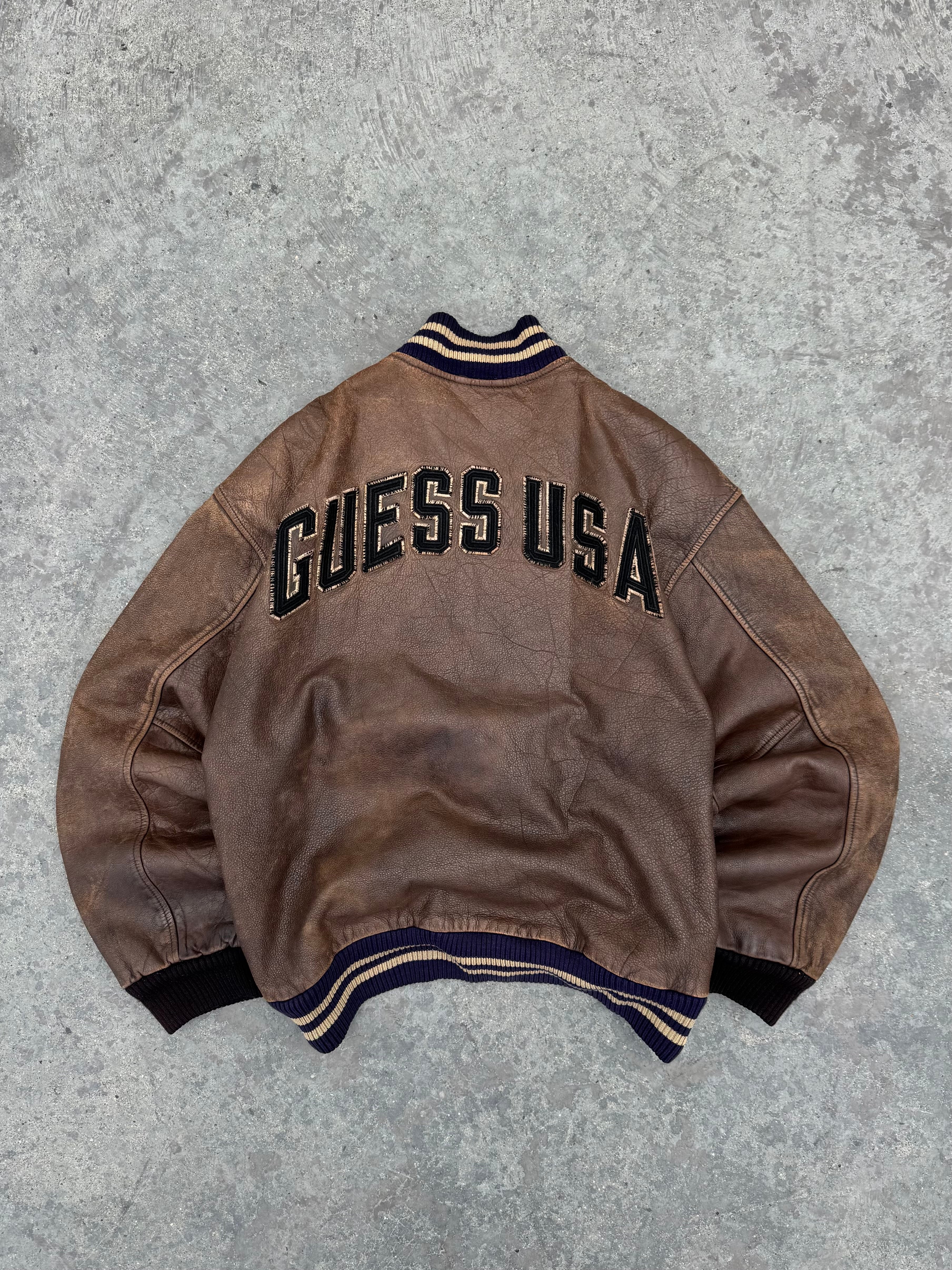 GUESS USA BOMBER JACKET COFFE 100% LEATHER AUTHENTIC
