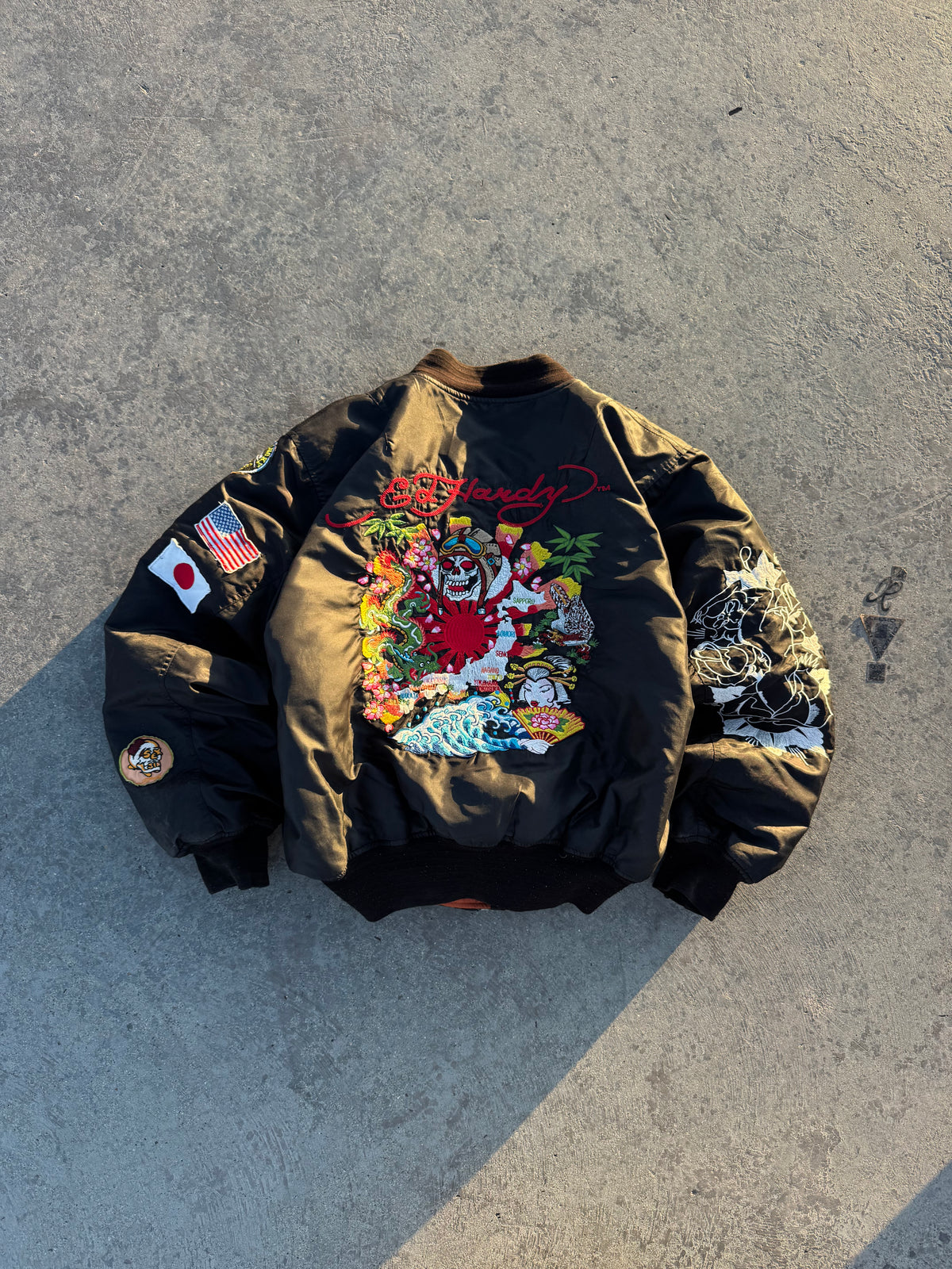 ED HARDY BOMBER JACKET “DEATH BEFORE DISHONOR” REVERSIBLE 🇯🇵&🇺🇸 LEGIT PIECE
